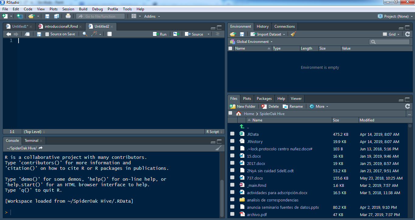 Los cuatro paneles de RStudio