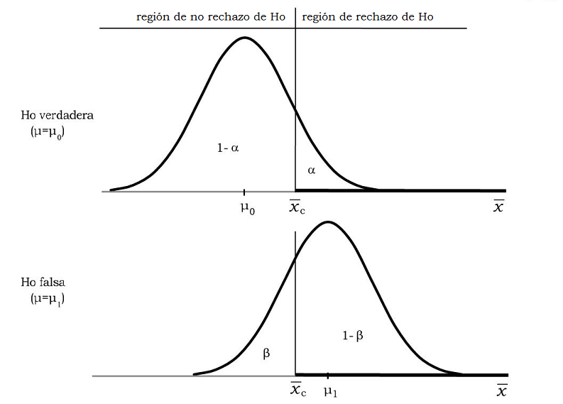 Comparación de la probabilidad de hallar a $\overline{x}$ en zona de rechazo o no rechazo, según sea $H_{0}$ verdadera o falsa $(\alpha = 0.05)$